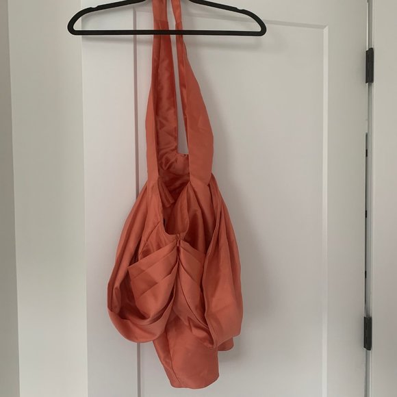 Luxe Satin Halter Bow Sleeve Mini Dress in Coral - Picture 6 of 7